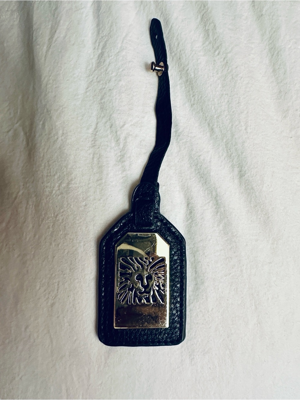 Anne Klein Black Leather Luggage Tag with Gold Lion Plate